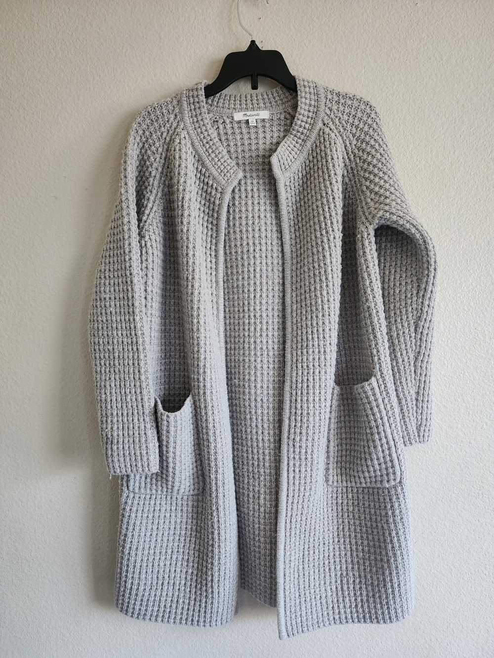 Madewell Waffle Knit Duster Cardigan Sweater Gray Pocket Wool Cotton XS